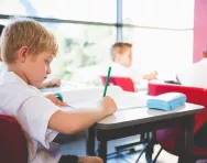 Schoolboy studying in classroom