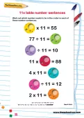 11 times table number sentences worksheet