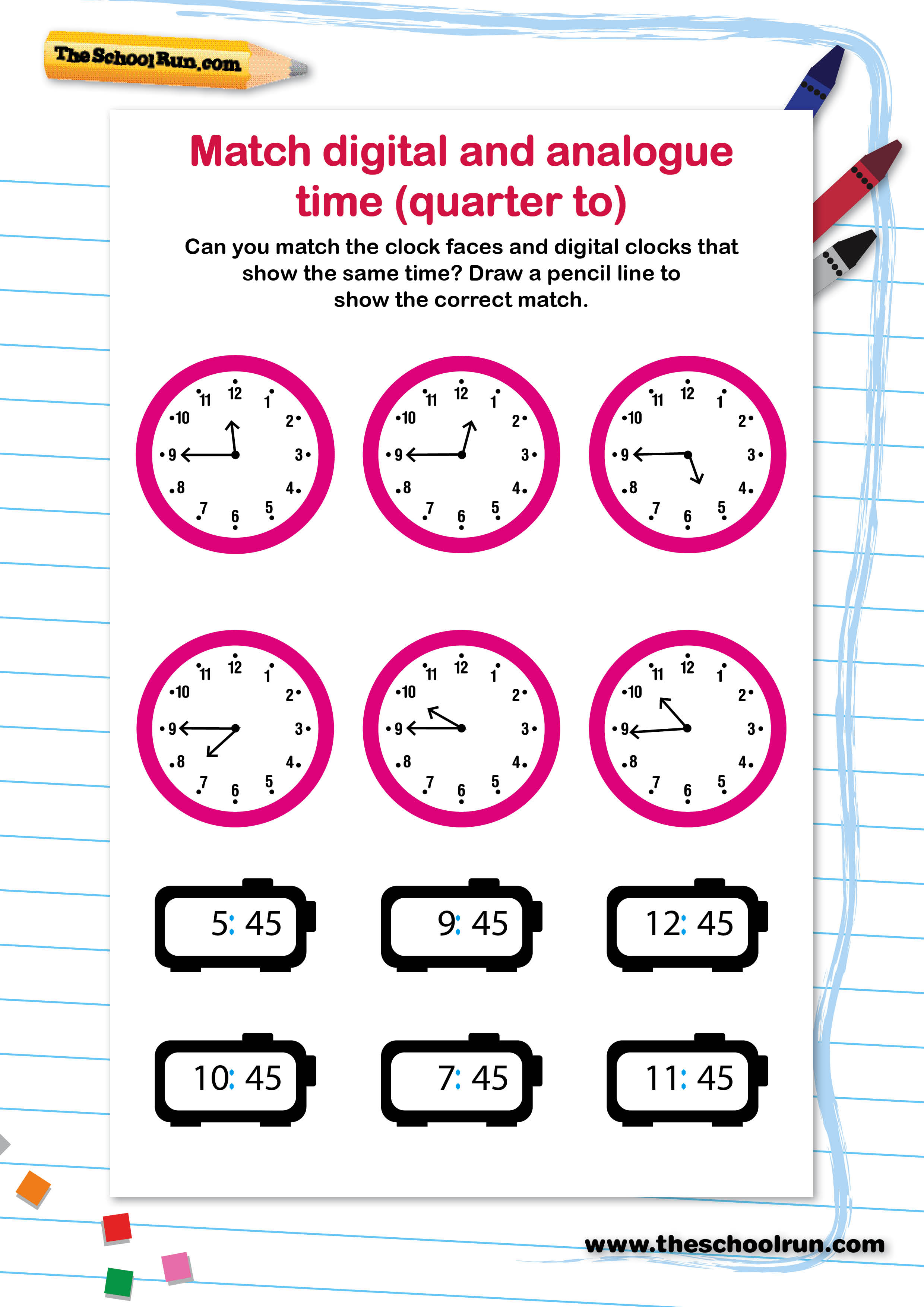 Match digital and analogue time (quarter to) | TheSchoolRun