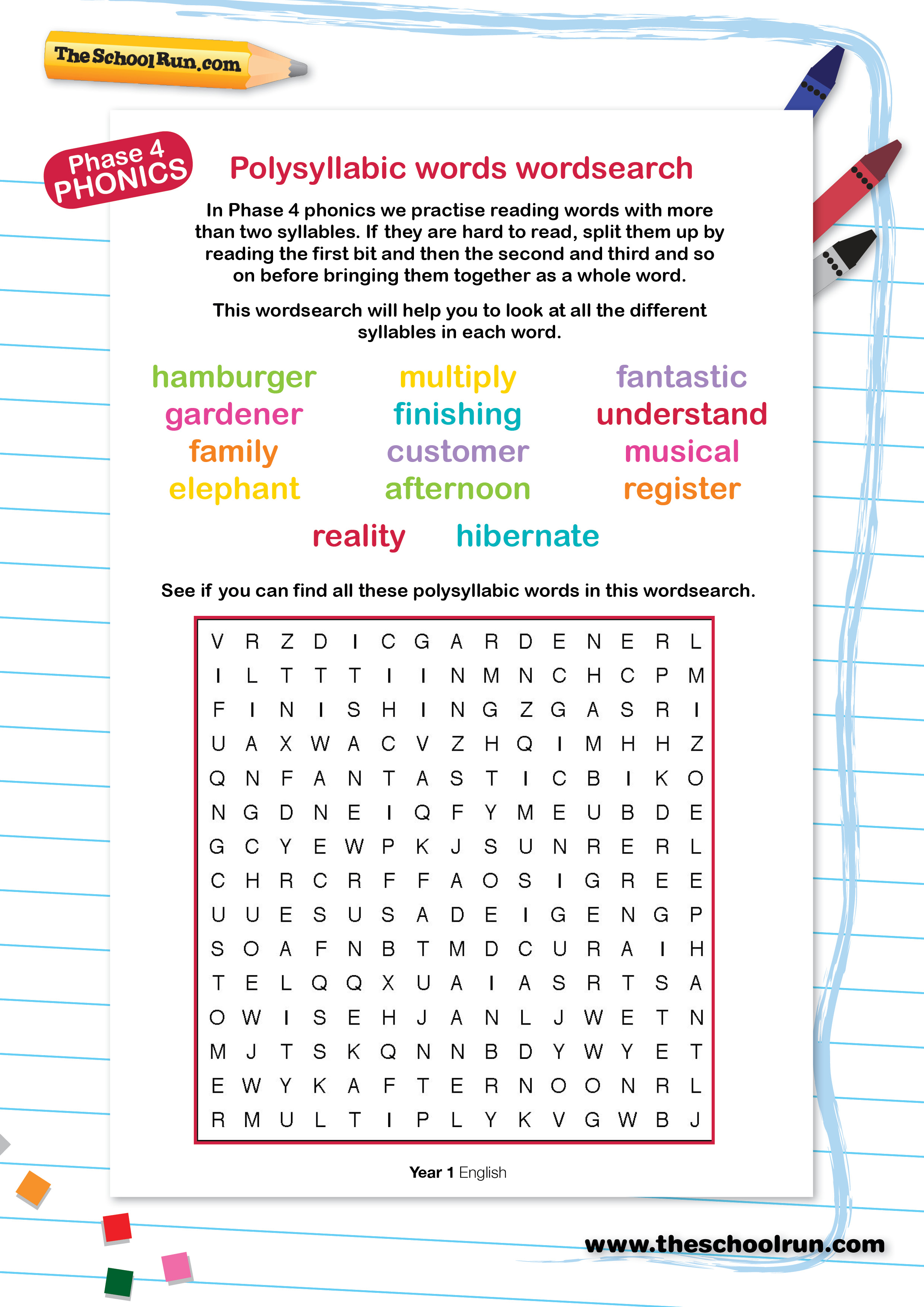 Polysyllabic Words Wordsearch (Phase 4 Phonics) | TheSchoolRun