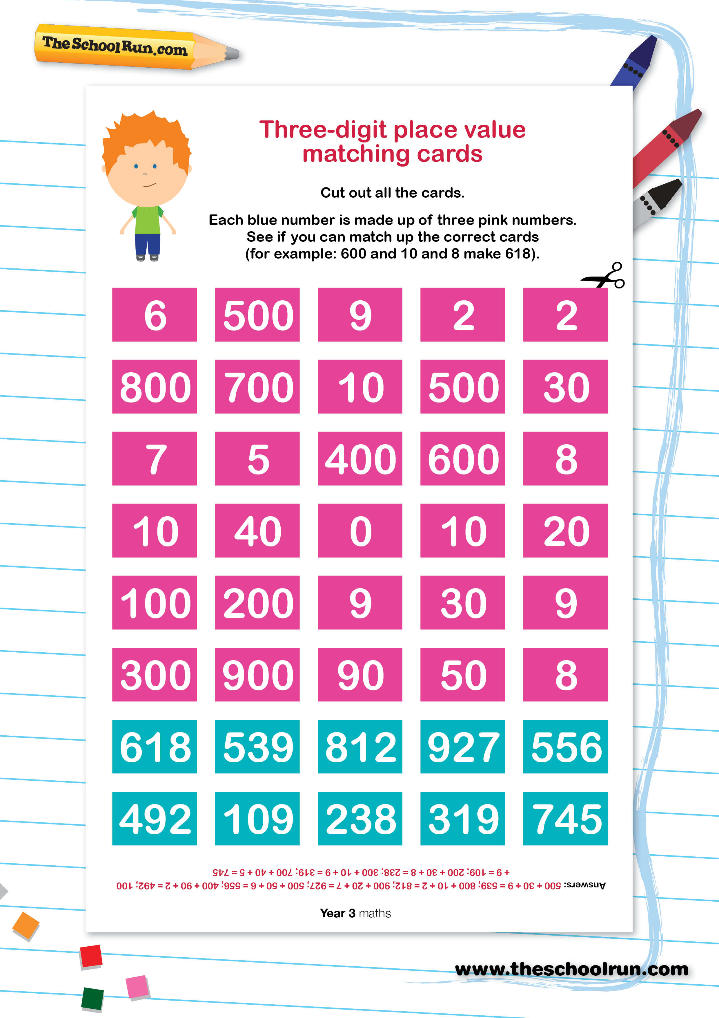 Three-digit place value matching cards | TheSchoolRun