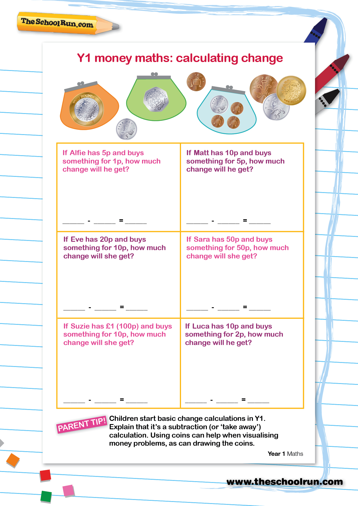 Y1 money maths: calculating change | TheSchoolRun